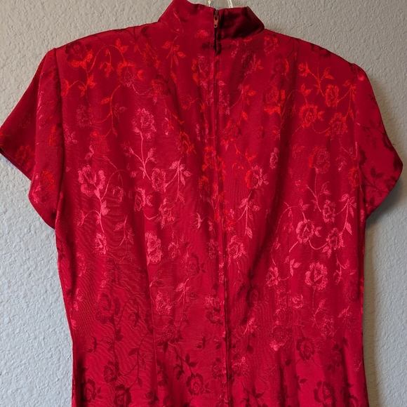 Vintage Asian Elegant Wine Red Maxi Dress 90s Y2k Jacquard Chinese Wedding Sz. 8 - Picture 3 of 13